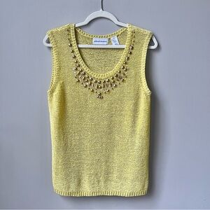 Vintage Open Knit Sweater‎ Vest Women’s Size M Medium Yellow Beachy Beaded Boho
